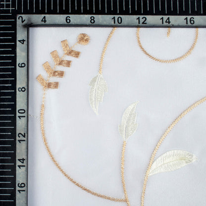 White And Tan Brown Floral Pattern Embroidery Organza Tissue Premium Sheer Fabric (Width 48 Inches)