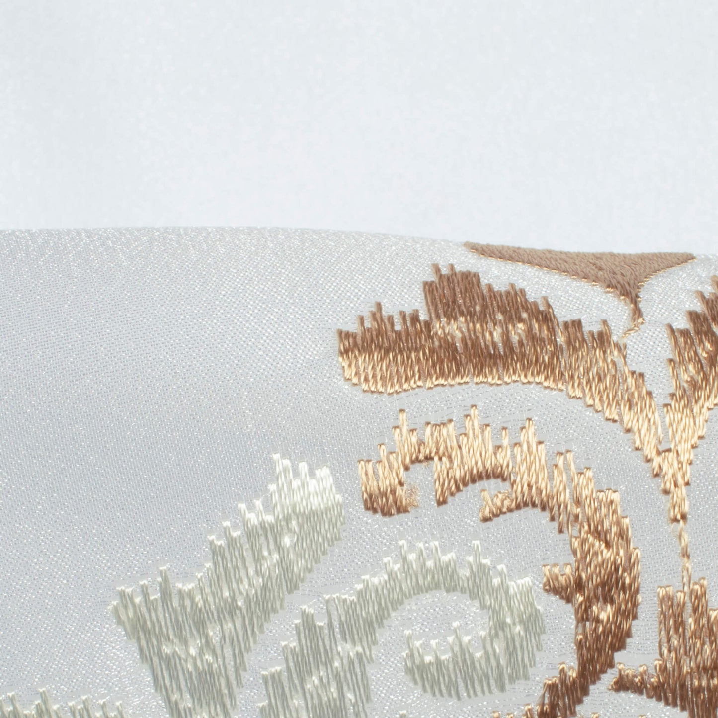 White And Tan Brown Ethnic Pattern Embroidery Organza Tissue Premium Sheer Fabric (Width 48 Inches)