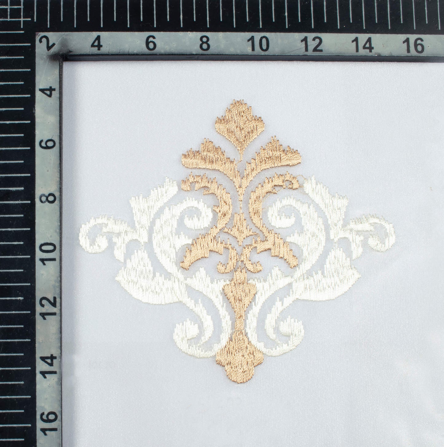 White And Tan Brown Ethnic Pattern Embroidery Organza Tissue Premium Sheer Fabric (Width 48 Inches)