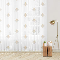 White And Tan Brown Ethnic Pattern Embroidery Organza Tissue Premium Sheer Fabric (Width 48 Inches)
