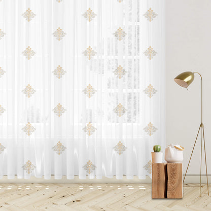 White And Tan Brown Ethnic Pattern Embroidery Organza Tissue Premium Sheer Fabric (Width 48 Inches)