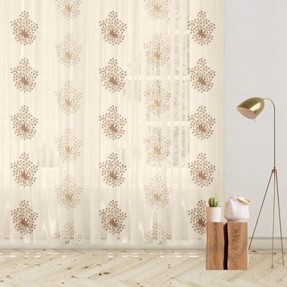 Oatmeal Beige And Tan Brown Floral Pattern Embroidery Organza Tissue Premium Sheer Fabric (Width 48 Inches)