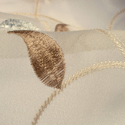 Oatmeal Beige And Tan Brown Floral Pattern Silver Zari Embroidery Organza Tissue Premium Sheer Fabric (Width 48 Inches)