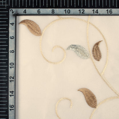 Oatmeal Beige And Tan Brown Floral Pattern Silver Zari Embroidery Organza Tissue Premium Sheer Fabric (Width 48 Inches)