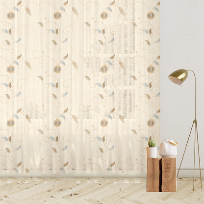 Oatmeal Beige And Tan Brown Floral Pattern Silver Zari Embroidery Organza Tissue Premium Sheer Fabric (Width 48 Inches)