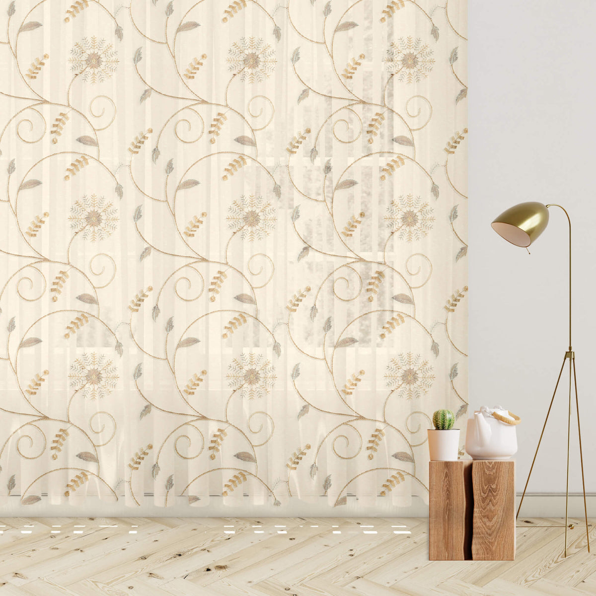 Oatmeal Beige And Tan Brown Floral Pattern Embroidery Organza Tissue Premium Sheer Fabric (Width 48 Inches)