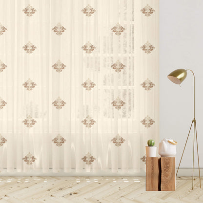 Oatmeal Beige And Tan Brown Ethnic Pattern Embroidery Organza Tissue Premium Sheer Fabric (Width 48 Inches)
