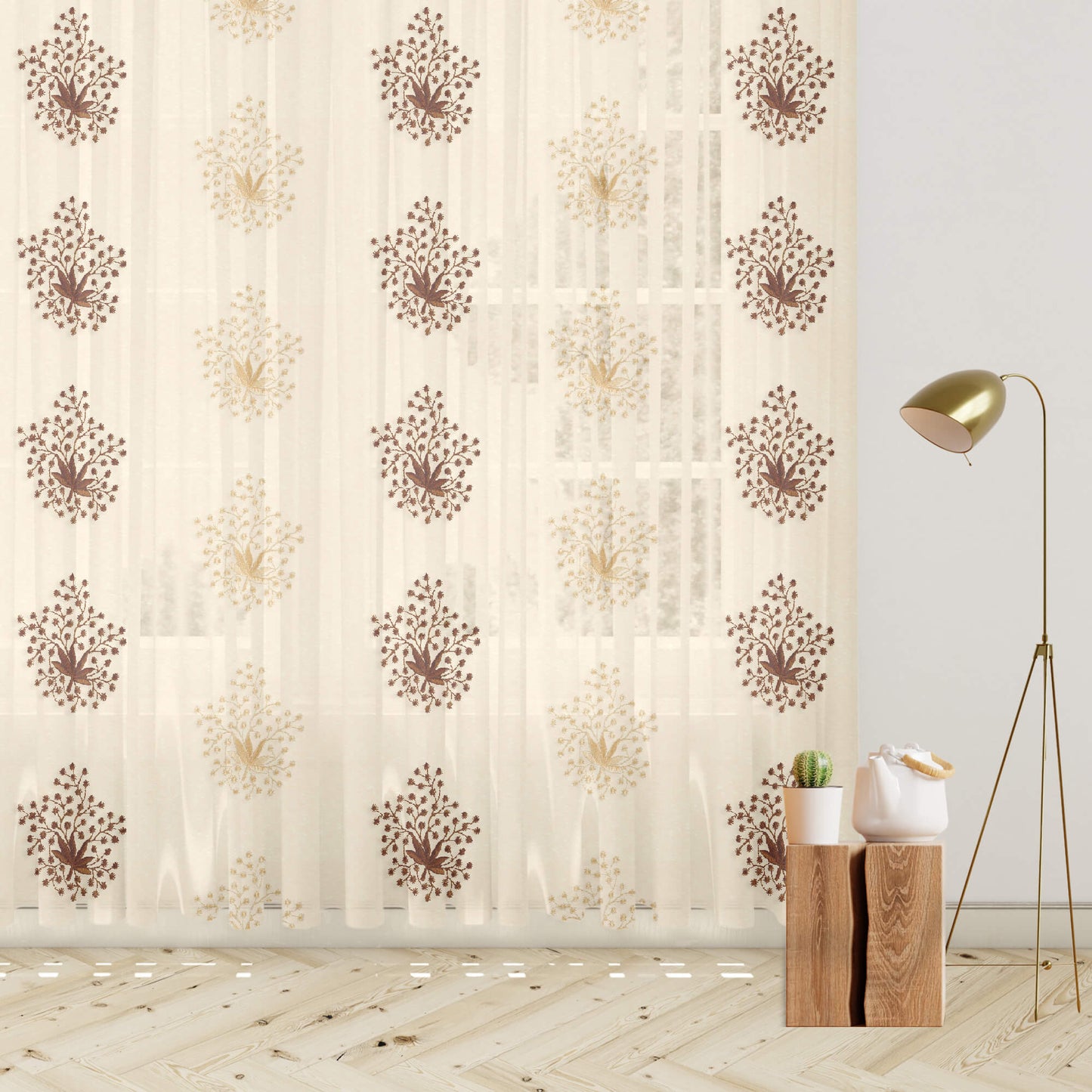 Oatmeal Beige And Coffee Brown Floral Pattern Embroidery Organza Tissue Premium Sheer Fabric (Width 48 Inches)