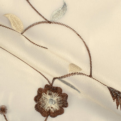 Oatmeal Beige And Coffee Brown Floral Pattern Silver Zari Embroidery Organza Tissue Premium Sheer Fabric (Width 48 Inches)