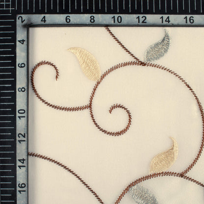 Oatmeal Beige And Coffee Brown Floral Pattern Silver Zari Embroidery Organza Tissue Premium Sheer Fabric (Width 48 Inches)