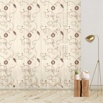Oatmeal Beige And Coffee Brown Floral Pattern Silver Zari Embroidery Organza Tissue Premium Sheer Fabric (Width 48 Inches)