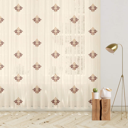 Oatmeal Beige And Coffee Brown Ethnic Pattern Embroidery Organza Tissue Premium Sheer Fabric (Width 48 Inches)