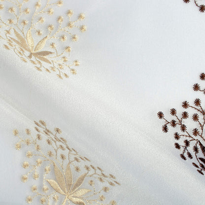 White And Coffee Brown Floral Pattern Embroidery Organza Tissue Premium Sheer Fabric (Width 48 Inches)