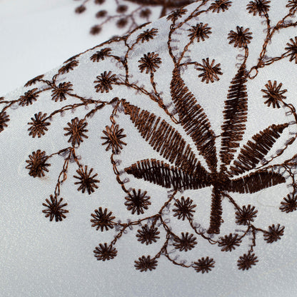 White And Coffee Brown Floral Pattern Embroidery Organza Tissue Premium Sheer Fabric (Width 48 Inches)
