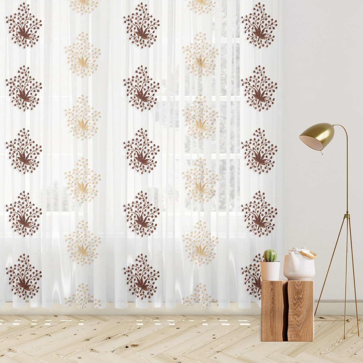 White And Coffee Brown Floral Pattern Embroidery Organza Tissue Premium Sheer Fabric (Width 48 Inches)