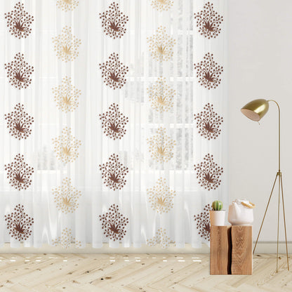 White And Coffee Brown Floral Pattern Embroidery Organza Tissue Premium Sheer Fabric (Width 48 Inches)