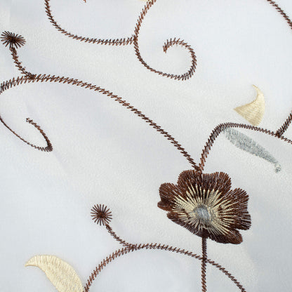 White And Coffee Brown Floral Pattern Silver Zari Embroidery Organza Tissue Premium Sheer Fabric (Width 48 Inches)