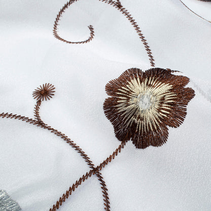 White And Coffee Brown Floral Pattern Silver Zari Embroidery Organza Tissue Premium Sheer Fabric (Width 48 Inches)