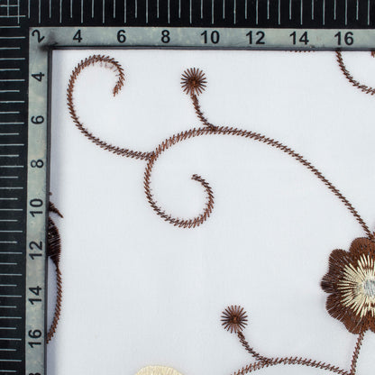 White And Coffee Brown Floral Pattern Silver Zari Embroidery Organza Tissue Premium Sheer Fabric (Width 48 Inches)