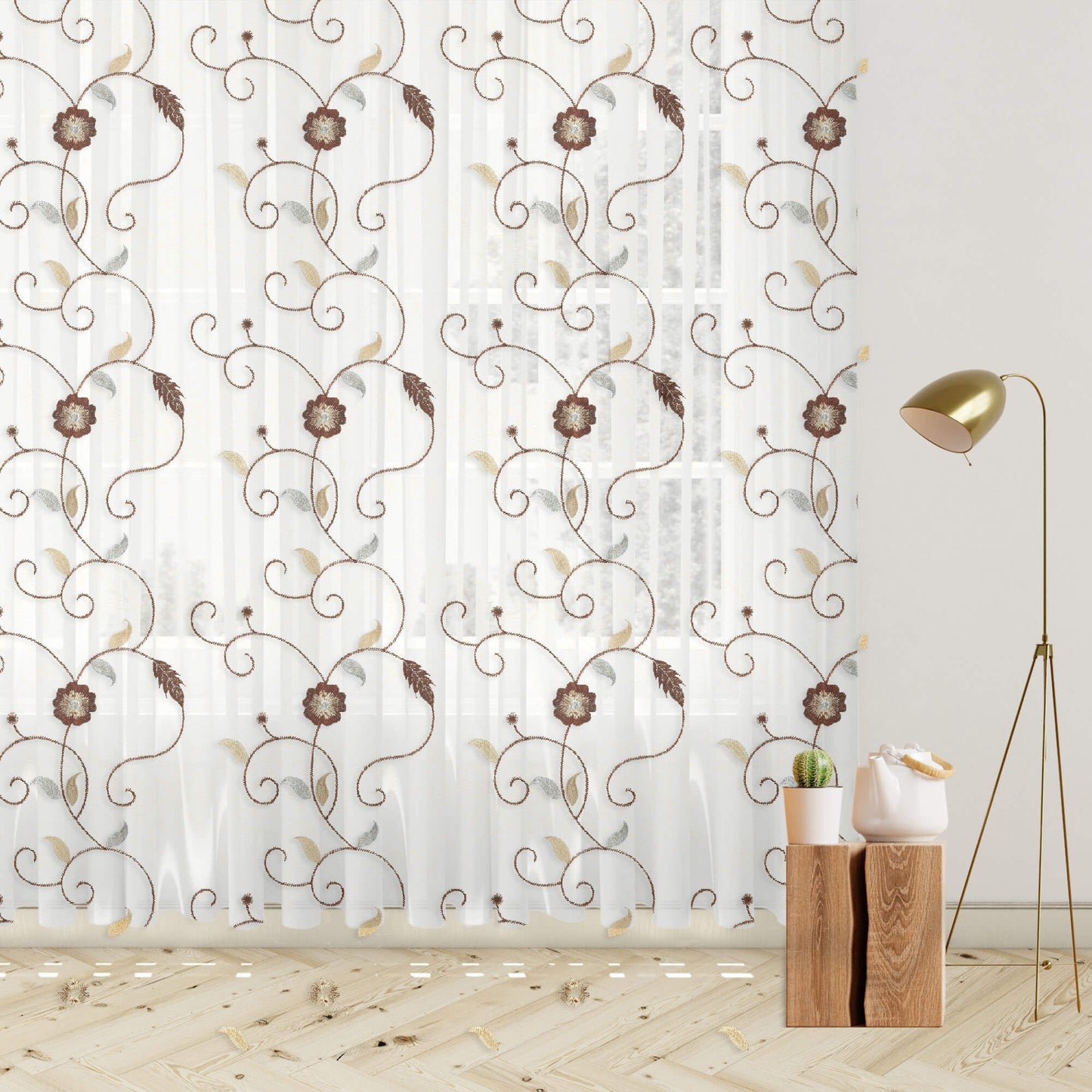 White And Coffee Brown Floral Pattern Silver Zari Embroidery Organza Tissue Premium Sheer Fabric (Width 48 Inches)