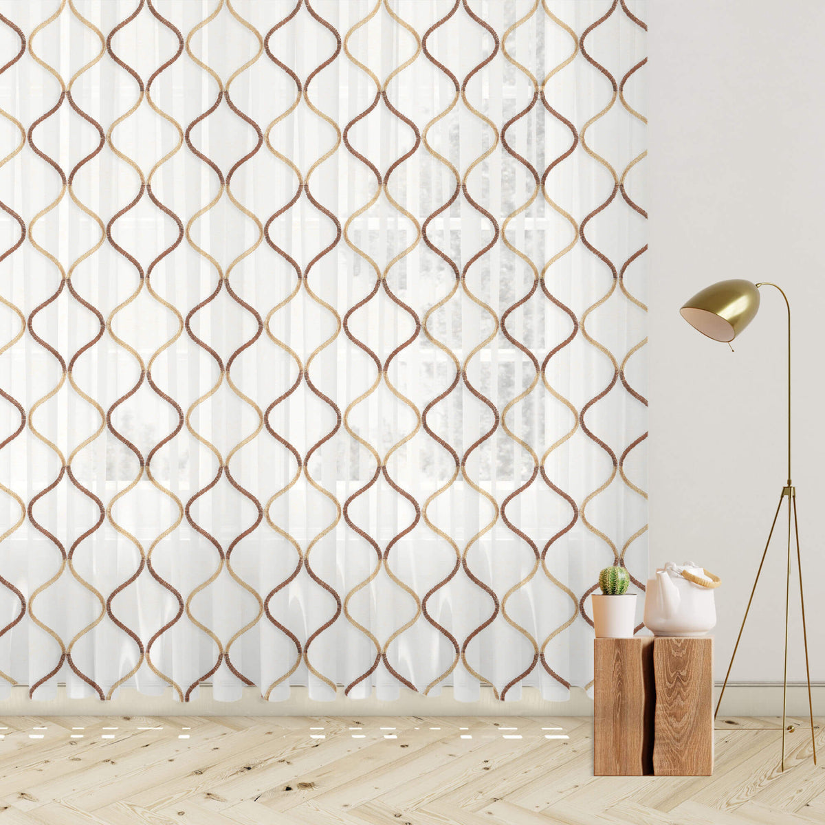 White And Coffee Brown Trellis Pattern Embroidery Organza Tissue Premium Sheer Fabric (Width 48 Inches)