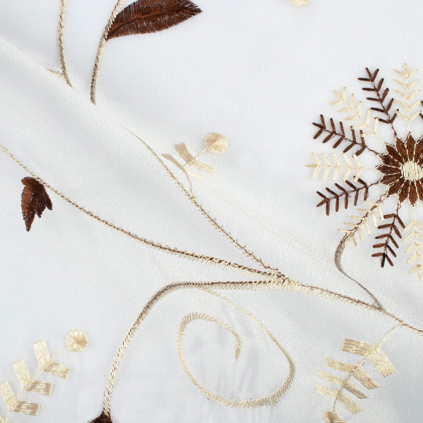 White And Coffee Brown Floral Pattern Embroidery Organza Tissue Premium Sheer Fabric (Width 48 Inches)