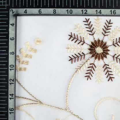 White And Coffee Brown Floral Pattern Embroidery Organza Tissue Premium Sheer Fabric (Width 48 Inches)