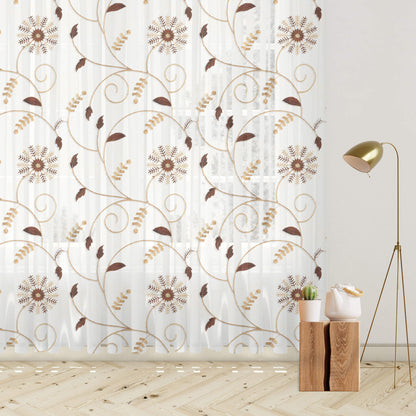 White And Coffee Brown Floral Pattern Embroidery Organza Tissue Premium Sheer Fabric (Width 48 Inches)