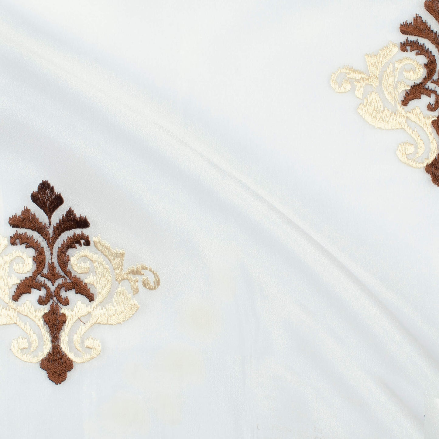 White And Coffee Brown Ethnic Pattern Embroidery Organza Tissue Premium Sheer Fabric (Width 48 Inches)