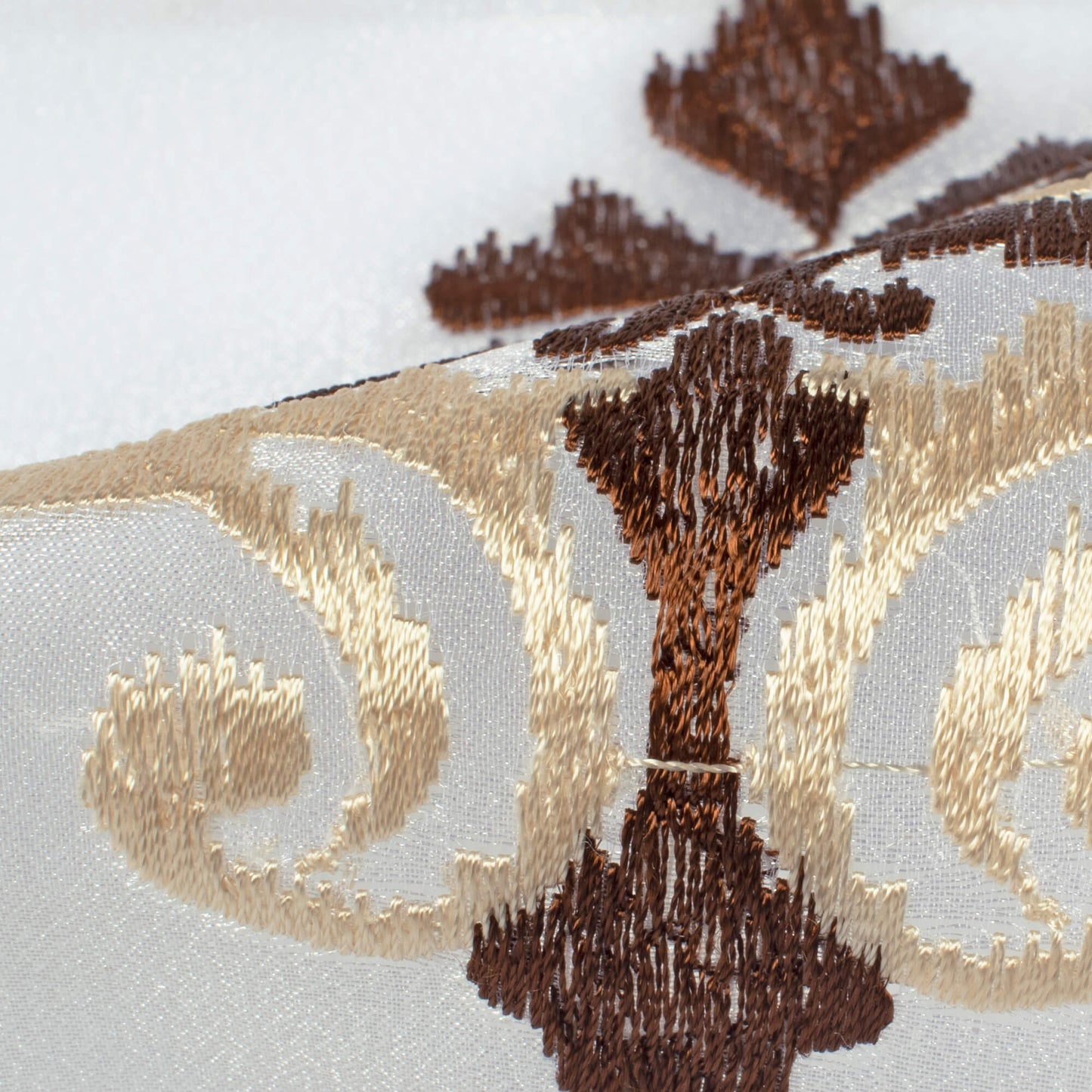 White And Coffee Brown Ethnic Pattern Embroidery Organza Tissue Premium Sheer Fabric (Width 48 Inches)