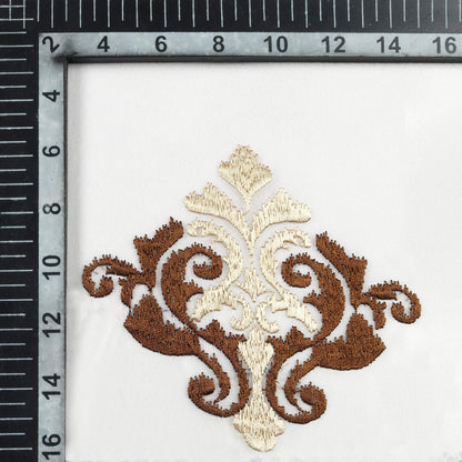 White And Coffee Brown Ethnic Pattern Embroidery Organza Tissue Premium Sheer Fabric (Width 48 Inches)