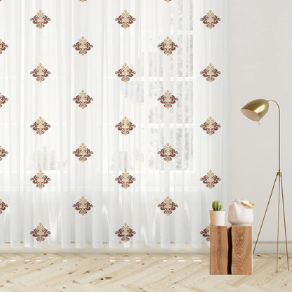 White And Coffee Brown Ethnic Pattern Embroidery Organza Tissue Premium Sheer Fabric (Width 48 Inches)