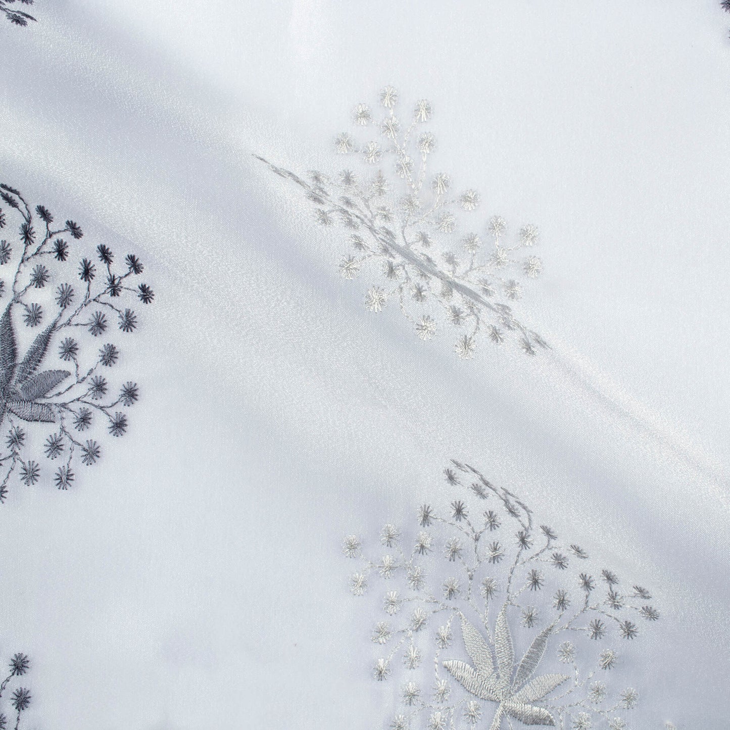 White And Slate Grey Floral Pattern Embroidery Organza Tissue Premium Sheer Fabric (Width 48 Inches)