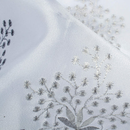 White And Slate Grey Floral Pattern Embroidery Organza Tissue Premium Sheer Fabric (Width 48 Inches)
