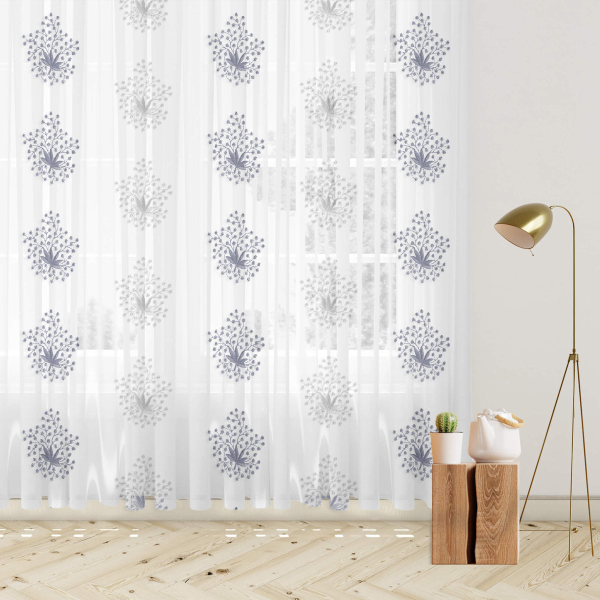 White And Slate Grey Floral Pattern Embroidery Organza Tissue Premium Sheer Fabric (Width 48 Inches)