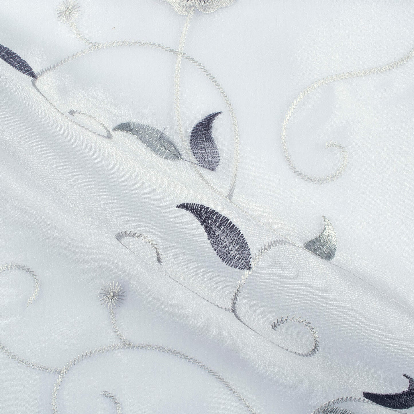 White And Slate Grey Floral Pattern Silver Zari Embroidery Organza Tissue Premium Sheer Fabric (Width 48 Inches)