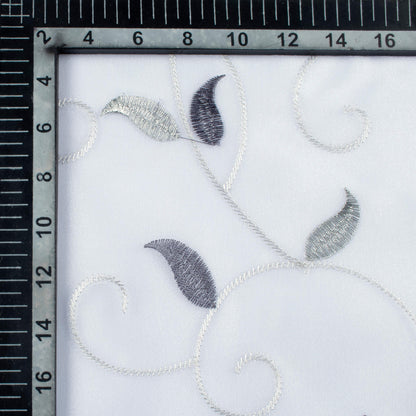 White And Slate Grey Floral Pattern Silver Zari Embroidery Organza Tissue Premium Sheer Fabric (Width 48 Inches)