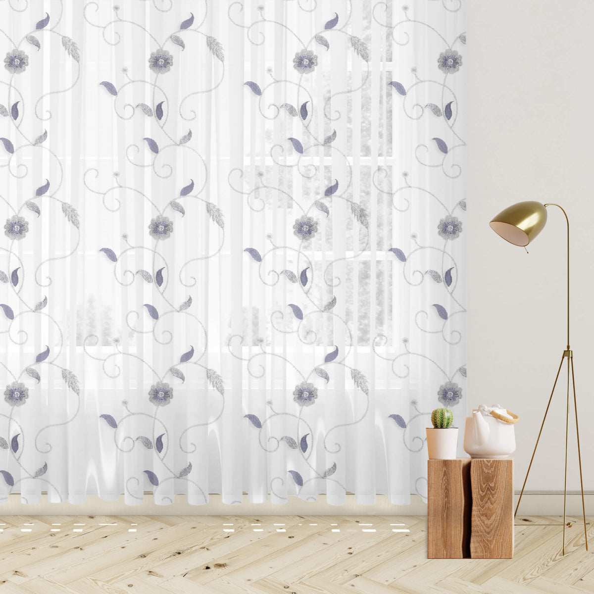 White And Slate Grey Floral Pattern Silver Zari Embroidery Organza Tissue Premium Sheer Fabric (Width 48 Inches)