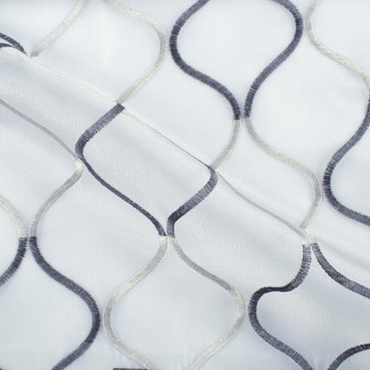 White And Slate Grey Trellis Pattern Embroidery Organza Tissue Premium Sheer Fabric (Width 48 Inches)