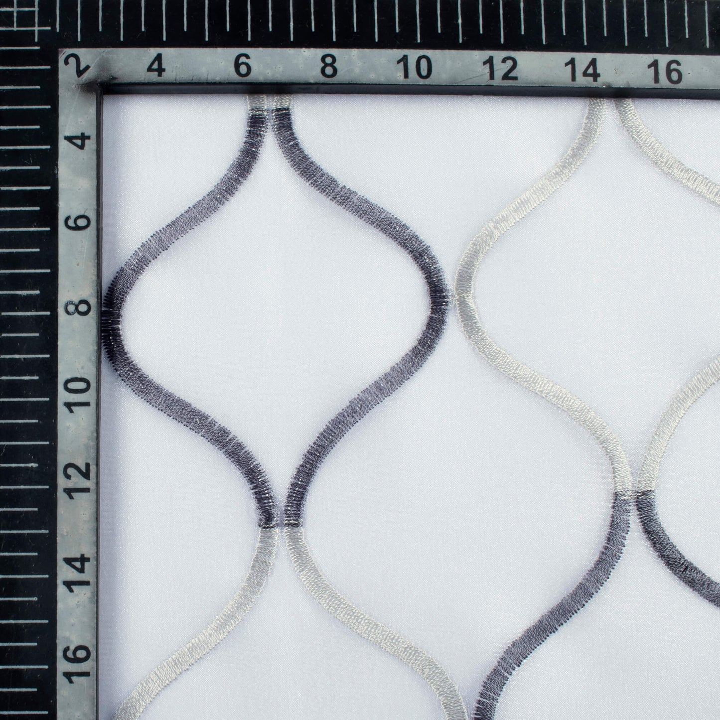 White And Slate Grey Trellis Pattern Embroidery Organza Tissue Premium Sheer Fabric (Width 48 Inches)