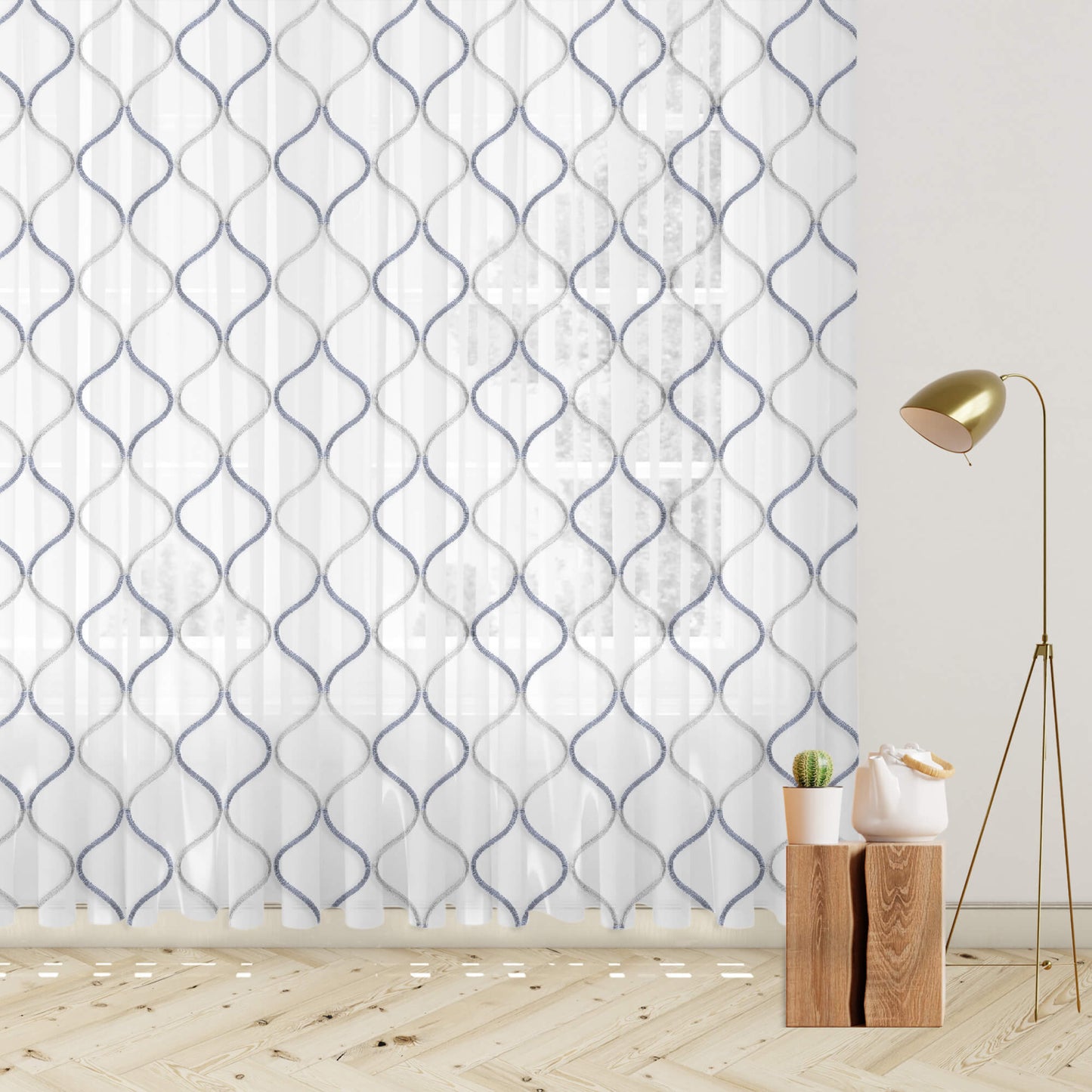 White And Slate Grey Trellis Pattern Embroidery Organza Tissue Premium Sheer Fabric (Width 48 Inches)