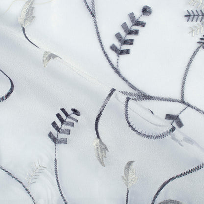 White And Slate Grey Floral Pattern Embroidery Organza Tissue Premium Sheer Fabric (Width 48 Inches)