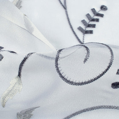 White And Slate Grey Floral Pattern Embroidery Organza Tissue Premium Sheer Fabric (Width 48 Inches)