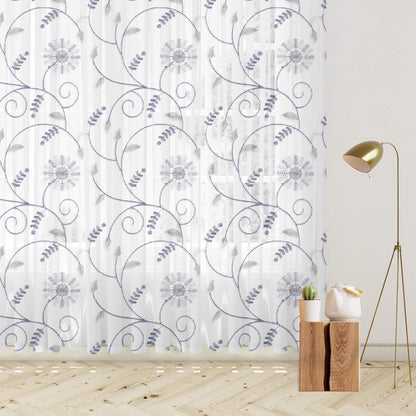 White And Slate Grey Floral Pattern Embroidery Organza Tissue Premium Sheer Fabric (Width 48 Inches)