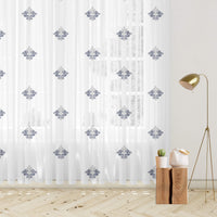 White And Slate Grey Ethnic Pattern Embroidery Organza Tissue Premium Sheer Fabric (Width 48 Inches)
