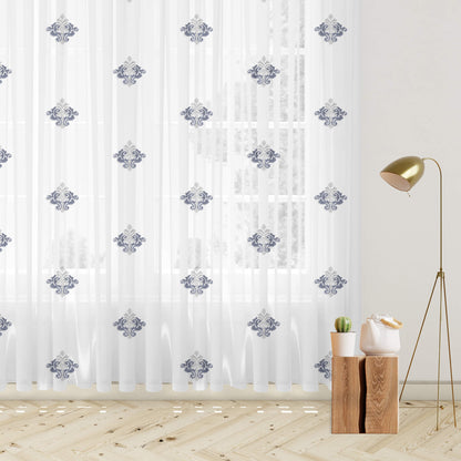 White And Slate Grey Ethnic Pattern Embroidery Organza Tissue Premium Sheer Fabric (Width 48 Inches)