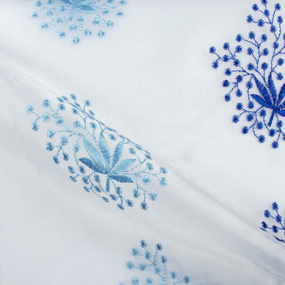 White And Royal Blue Floral Pattern Embroidery Organza Tissue Premium Sheer Fabric (Width 48 Inches)