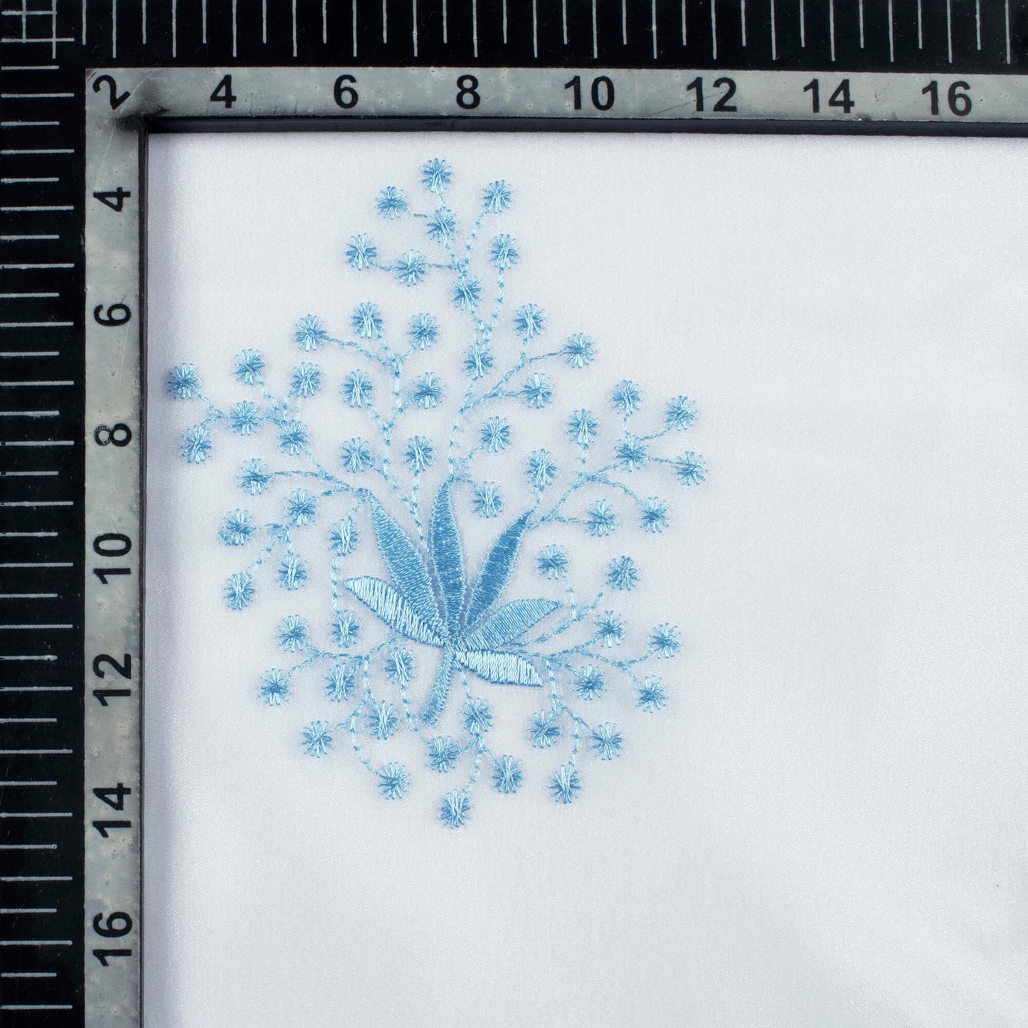 White And Royal Blue Floral Pattern Embroidery Organza Tissue Premium Sheer Fabric (Width 48 Inches)
