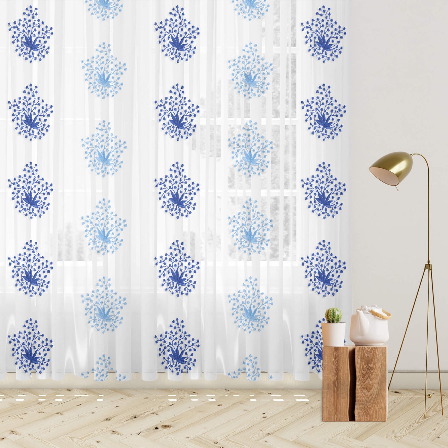 White And Royal Blue Floral Pattern Embroidery Organza Tissue Premium Sheer Fabric (Width 48 Inches)