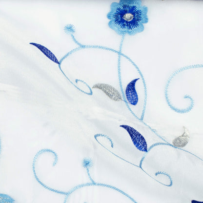 White And Royal Blue Floral Pattern Silver Zari Embroidery Organza Tissue Premium Sheer Fabric (Width 48 Inches)